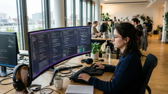 Entwicklerin arbeitet mit Grok 4.5 im Kontextfenster von GitHub Copilot an einem Ultra-Wide-Monitor