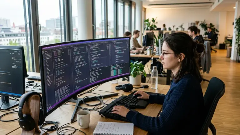 Entwicklerin arbeitet mit Grok 4.5 im Kontextfenster von GitHub Copilot an einem Ultra-Wide-Monitor