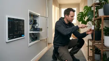 Home Assistant, lokale KI, Matter – Person richtet einen Matter-Bodenfeuchtesensor neben einem Home Assistant Dashboard im Flur ein