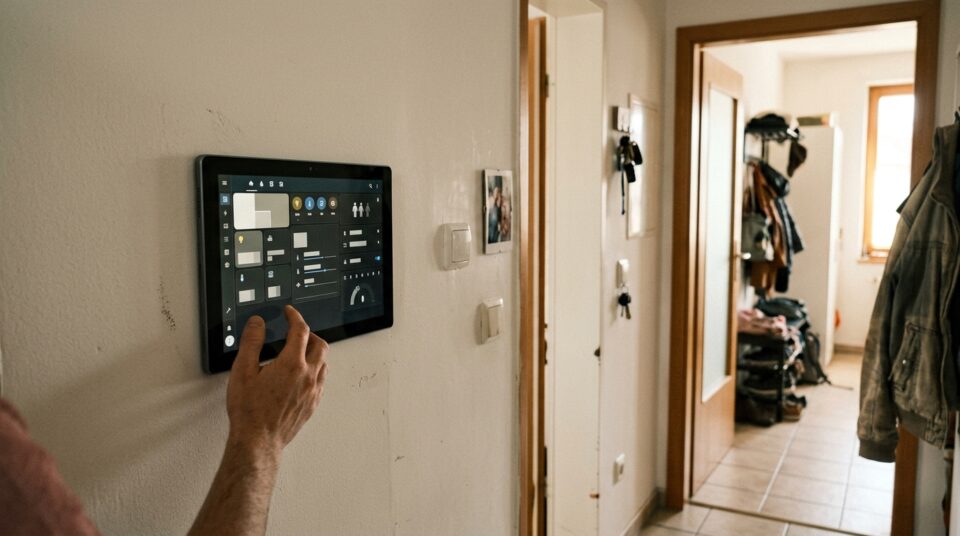 Home Assistant Dashboard auf einem Wandtablet im Flur eines Smart Homes (Symbolbild)