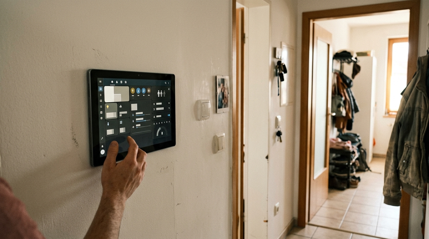 Home Assistant Dashboard auf einem Wandtablet im Flur eines Smart Homes (Symbolbild)
