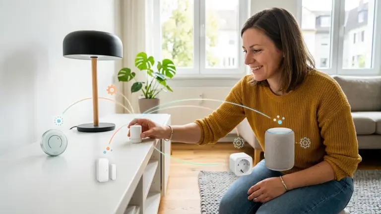 Home Assistant, Smart Home, Matter – Person richtet Smart-Home-Geräte mit Matter 1.6 in einem hellen Wohnzimmer ein