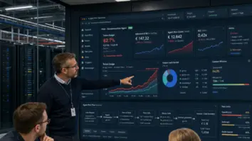 KI-Agent Kosten, Token Budget, Inference Pricing – Team analysiert eskalierende KI-Agent Kosten auf einem Cloud-Kosten-Dashboard mit Token-Budget-Warnung