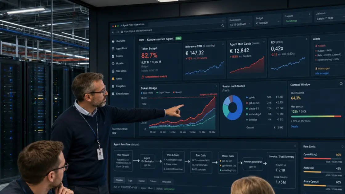 KI-Agent Kosten, Token Budget, Inference Pricing – Team analysiert eskalierende KI-Agent Kosten auf einem Cloud-Kosten-Dashboard mit Token-Budget-Warnung