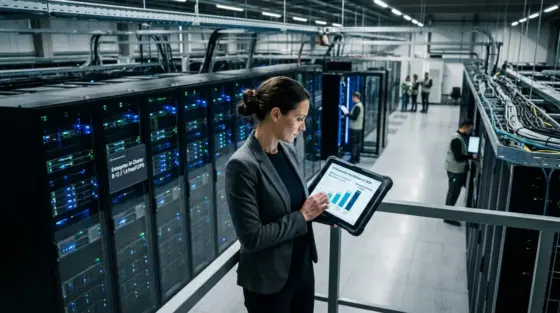 KI-Agenten Finanzierung, Enterprise-Skalierung – KI-Agenten Finanzierung: Analyst vor Serverrack mit Infrastruktur-Daten