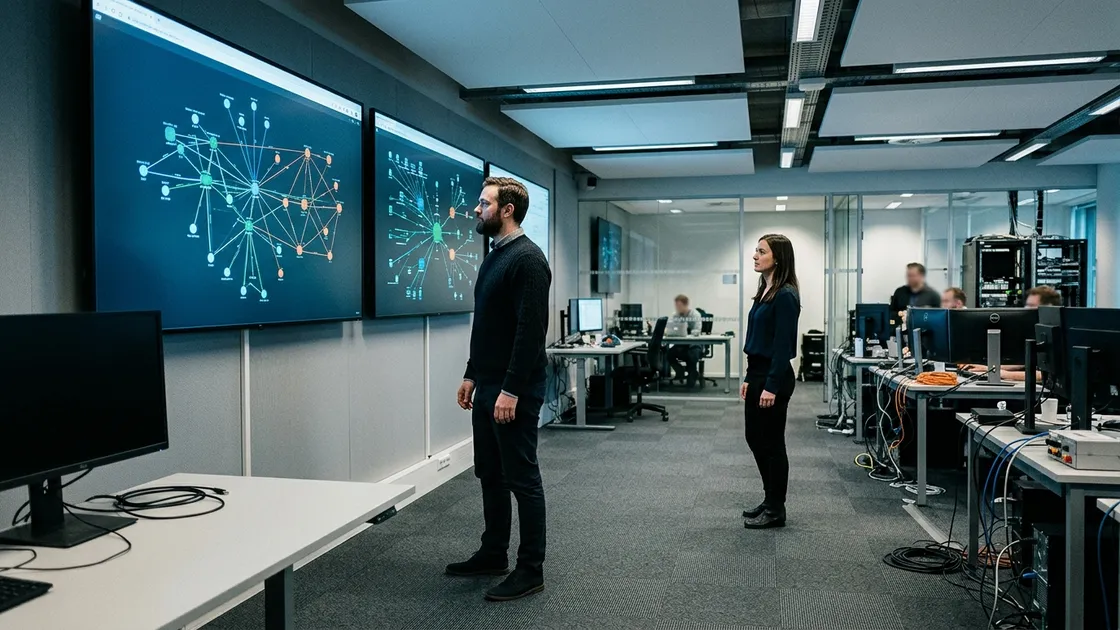 IT-Team überwacht Netzwerktopologie bei KI-Agenten-Firewall-Automatisierung