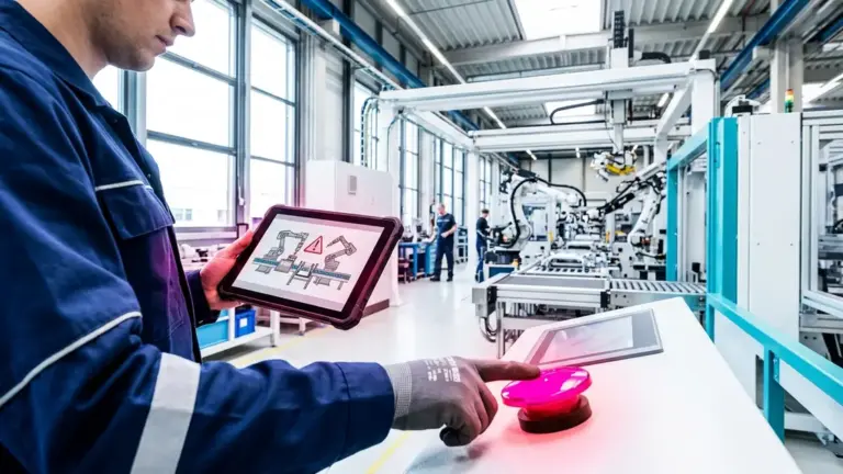 KI-Agenten, Human-in-the-loop, Workflow-Kontrolle – Mitarbeiter prüft manuell eine pausierte Entscheidung eines KI-Agenten an einem Kontrollpanel in der Produktion