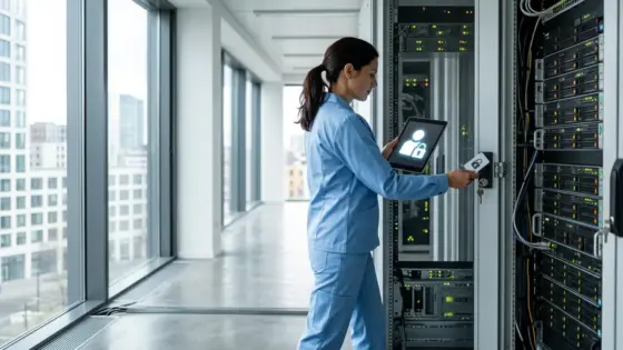 KI-Governance Enterprise, Agenten-Sicherheit, Compliance-Automation – Techniker prüft Zugriffskontrolle an Server-Schrank als Symbol für KI-Governance Enterprise