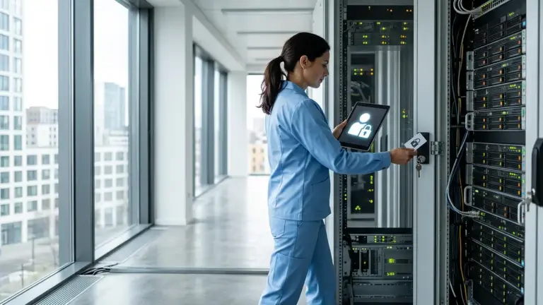 KI-Governance Enterprise, Agenten-Sicherheit, Compliance-Automation – Techniker prüft Zugriffskontrolle an Server-Schrank als Symbol für KI-Governance Enterprise