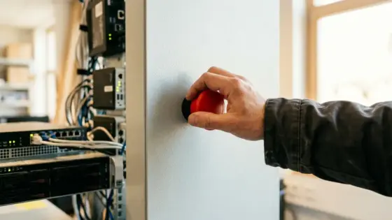 Kill-Switch, Sicherheit, Agenten – Hand drückt einen roten Notaus-Schalter als Symbol für KI-Kill-Switch-Sicherheit