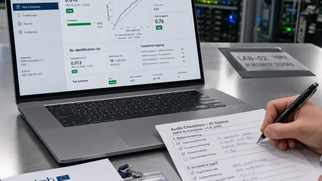 Techniker dokumentiert Anonymitaets-Testergebnisse fuer die Datenschutz KI-Architektur