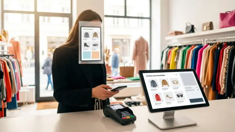 KI-Personalisierung, Checkout-Optimization, Commerce-Benchmarks – KI-Personalisierung am Checkout eines modernen Modegeschäfts