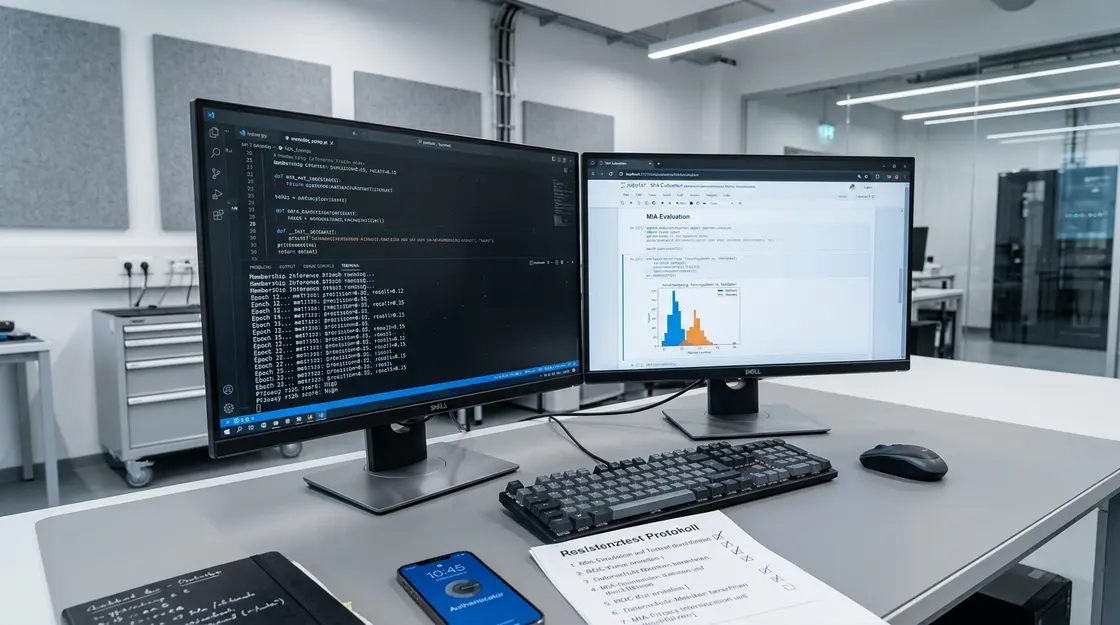 Membership-Inference-Resistenztest läuft auf Entwicklerworkstation mit sichtbarem Code-Output