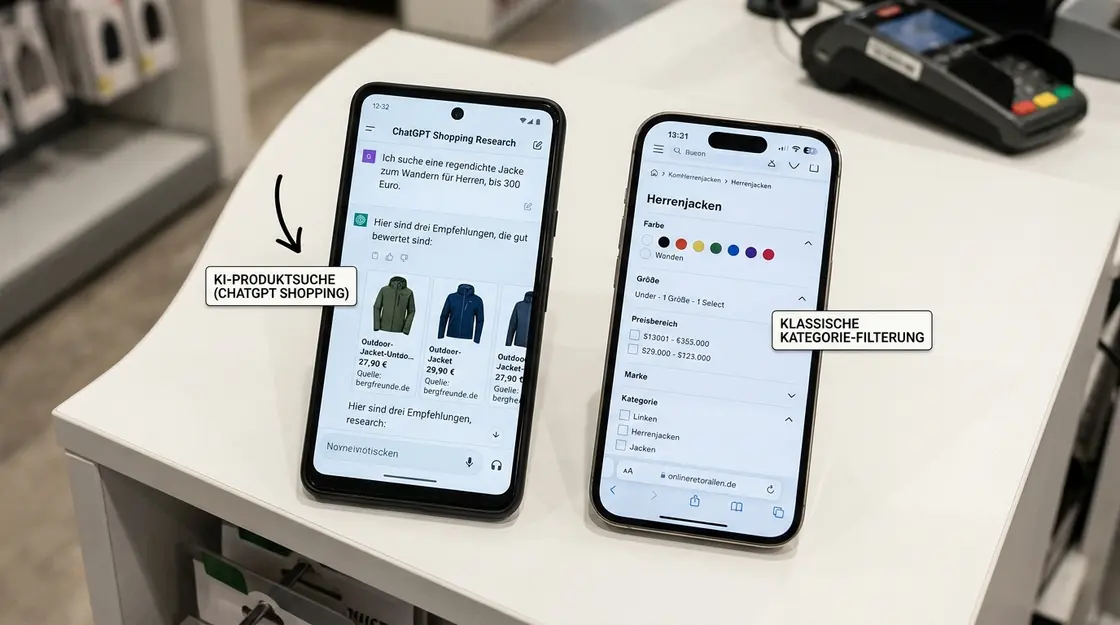 KI statt Kategoriebaum: ChatGPT Shopping Research und die neue Produktsuche im E-Commerce Vergleich: ChatGPT Shopping Research Dialog vs. klassischer Kategoriebaum-Filter auf Smartphone
