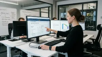 KI-SEO, GEO, AI Overviews – Analystin prüft KI-SEO und GEO Sichtbarkeit von Google AI Overviews am Laptop