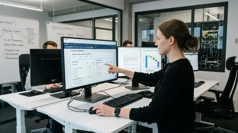 KI-SEO, GEO, AI Overviews – Analystin prüft KI-SEO und GEO Sichtbarkeit von Google AI Overviews am Laptop