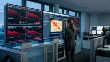 KI-Trading, Finanzstabilität, Algorithmen-Risiko – Analyst beobachtet synchronisierte Kursverzerrungen durch KI-Trading Algorithmen auf Bildschirmen