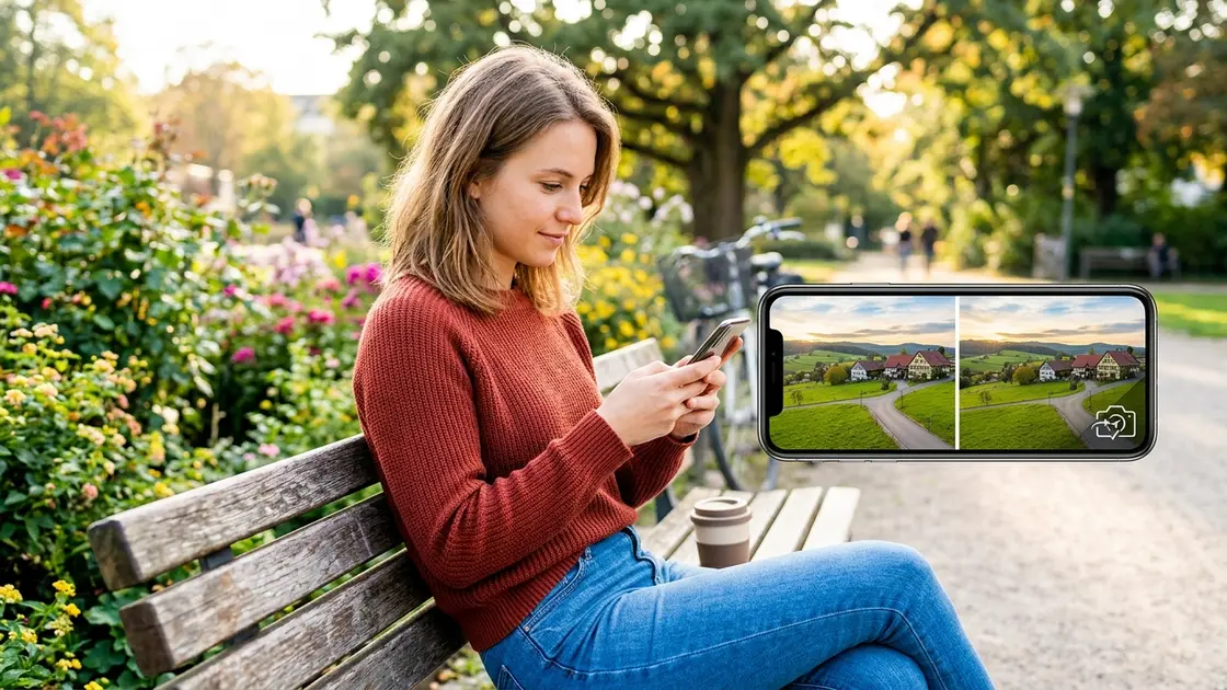 Wasserzeichen, Bilder, SynthID – Person prüft KI Wasserzeichen bei Bildern auf dem Smartphone im Freien