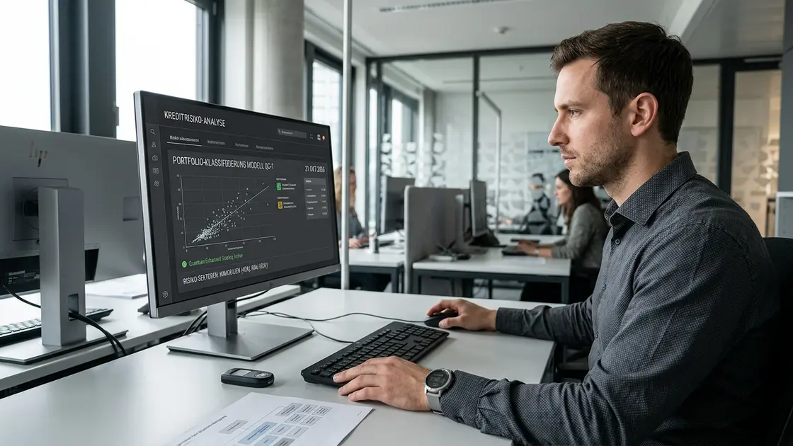Kreditsachbearbeiter prüft Scoring-Dashboard für Kreditvergabe mit Risikomodellen