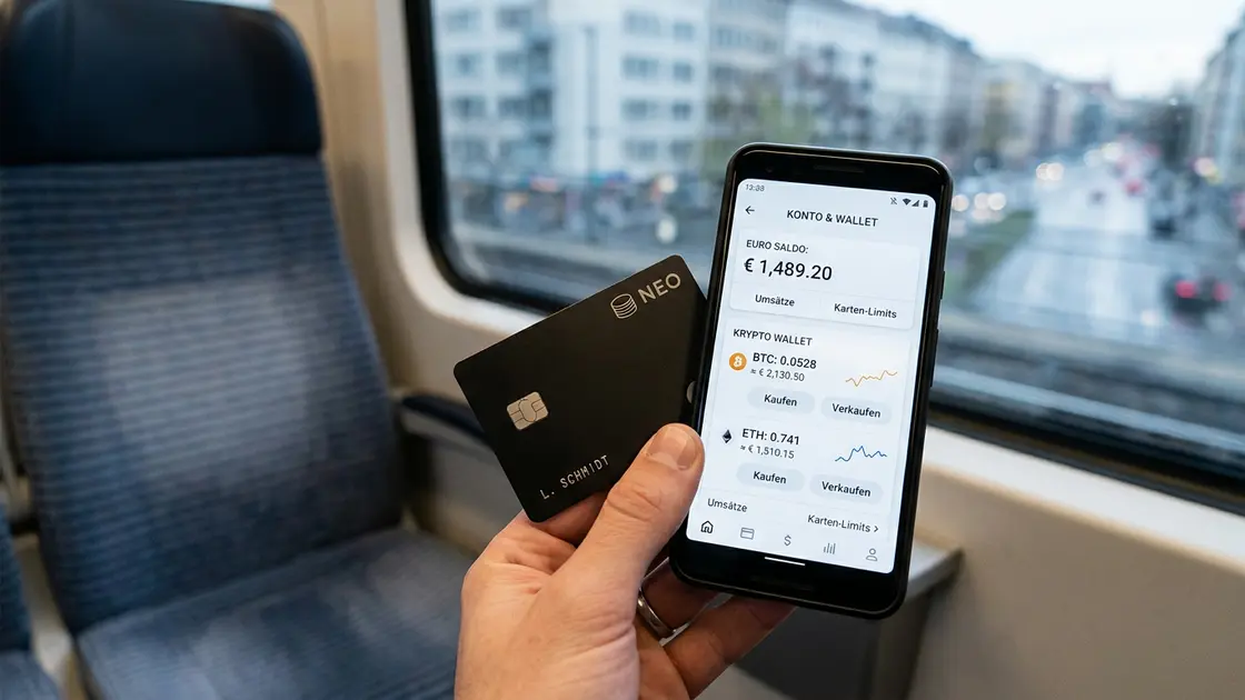 Person hält Debitkarte neben Smartphone mit Krypto-Neobank-App im Straßenumfeld