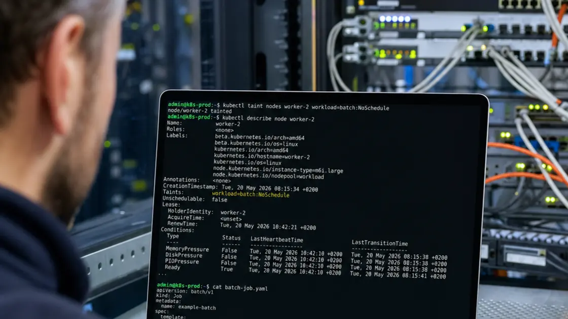 Terminal zeigt kubectl Taint-Befehle für Kubernetes Cluster-Scheduling