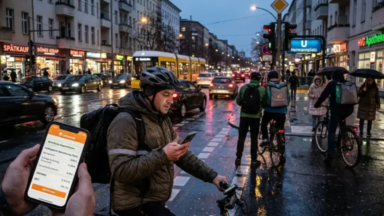 Lieferando, dynamische Gebühren, Plattformökonomie – Lieferando Fahrradkurier prüft dynamische Gebühren in der App bei Regen in der Stadt