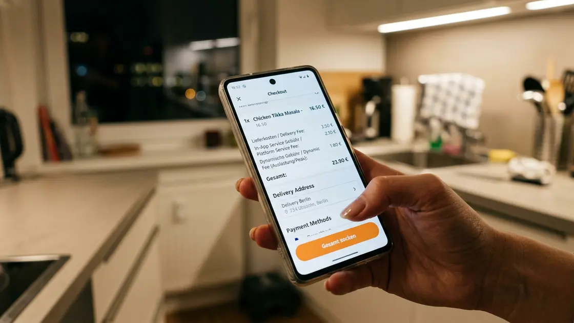 Checkout-Bildschirm zeigt gestaffelte Servicegebühr bei Essensbestellung