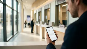 Lloyds, KI, Kostenabbau – Kundin nutzt Banking-App auf dem Smartphone vor einer Bankfiliale als Symbol für die Lloyds KI Strategie