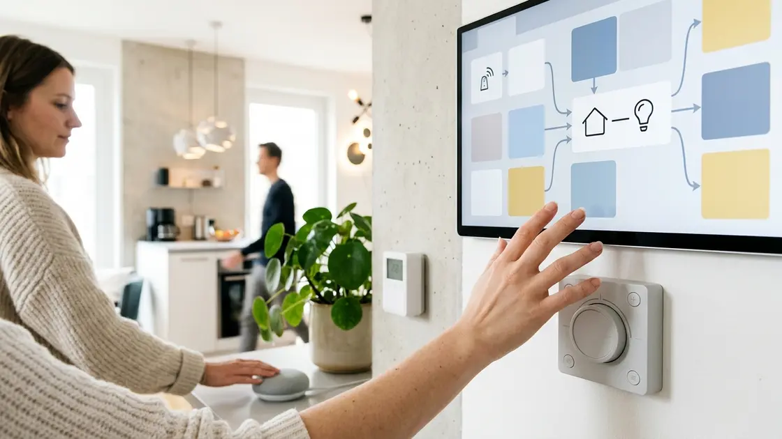 Hände halten einen kleinen Matter-1.6-Sensor neben Hub und Smartphone