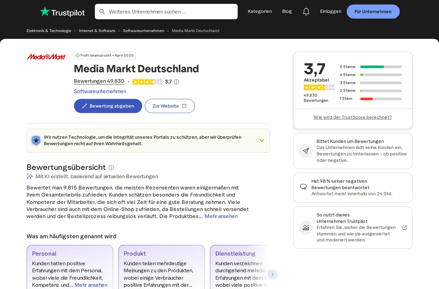 MediaMarkt Bewertungen Trustpilot Screenshot