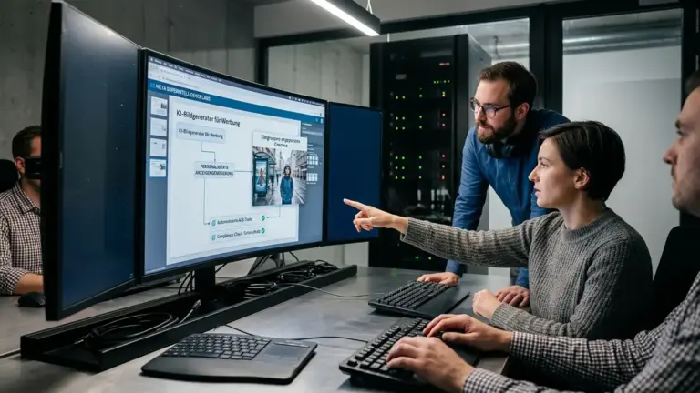 Meta Superintelligence, KI-Bildgenerator, personalisierte Werbung – Marketingteam betrachtet Werbemotive vom KI-Bildgenerator auf einem Bildschirm