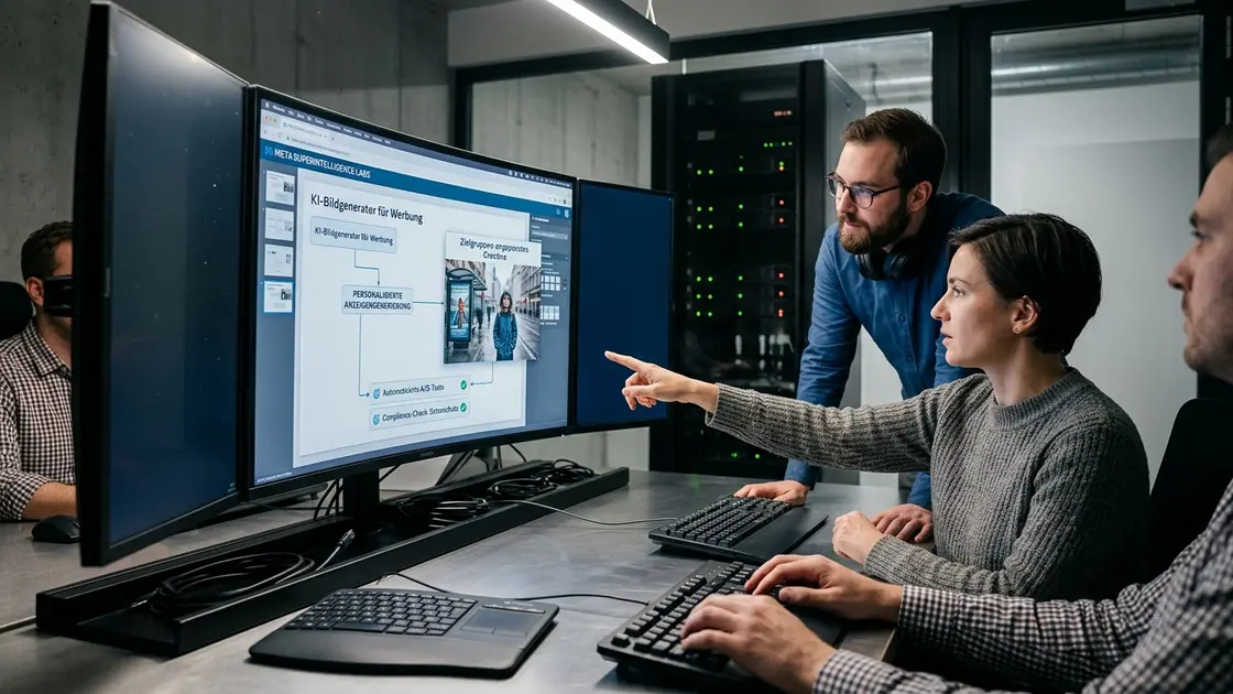 Meta Superintelligence, KI-Bildgenerator, personalisierte Werbung – Marketingteam betrachtet Werbemotive vom KI-Bildgenerator auf einem Bildschirm