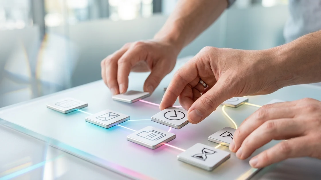 Hände ordnen abstrakte Workflow-Bausteine als Symbol für autonome KI-Agenten