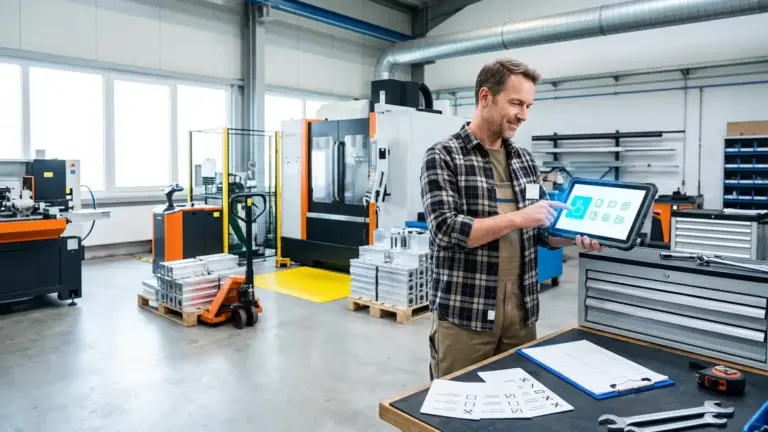 Mittelstand, KI-Agenten, Operationalisierung – Werkstattleiter prüft automatisierte Arbeitsschritte im Mittelstand mit KI-Agenten