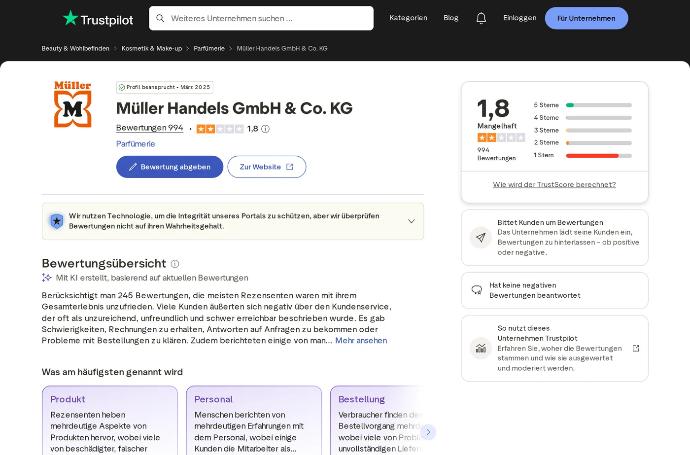 Müller Bewertungen Trustpilot Screenshot