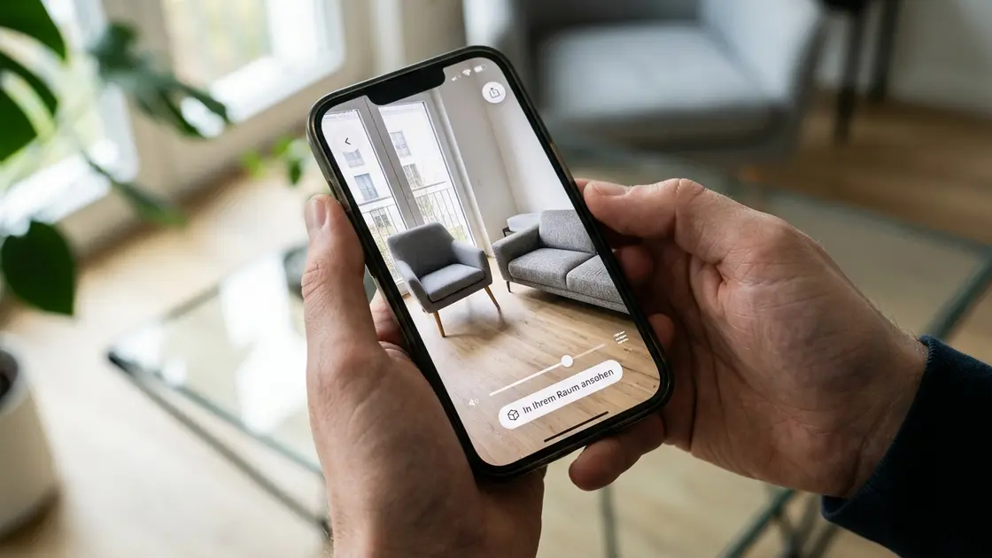 Smartphone zeigt personalisierte Werbung mit virtuell platziertem Möbelstück im eigenen Wohnzimmer
