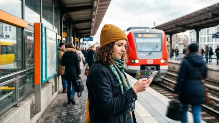 Neobroker-Gebühren, ETF-Sparpläne, Best Execution – Frau prüft Neobroker-Gebühren auf dem Smartphone am Bahnsteig