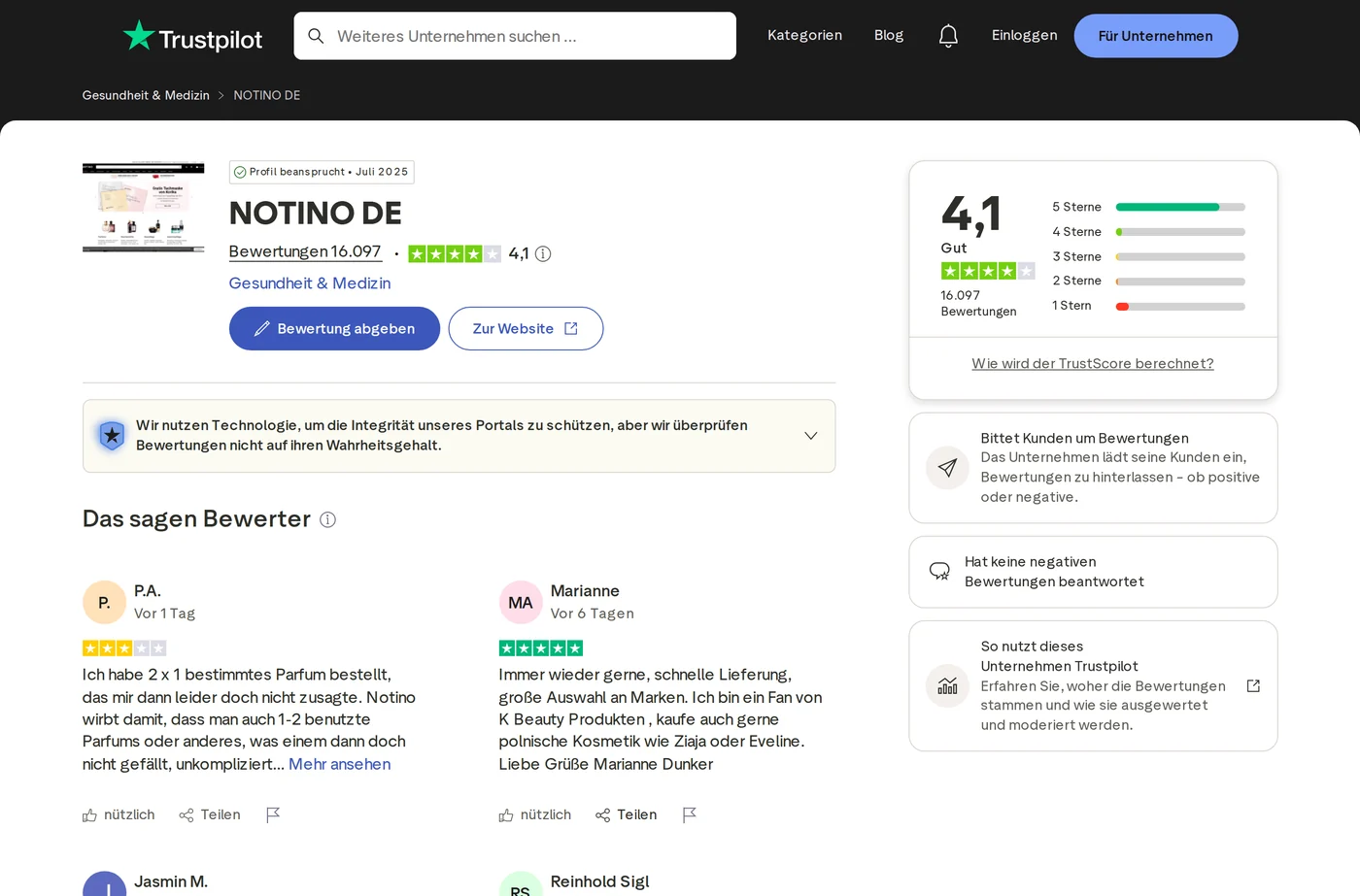 Notino Bewertungen Trustpilot Screenshot
