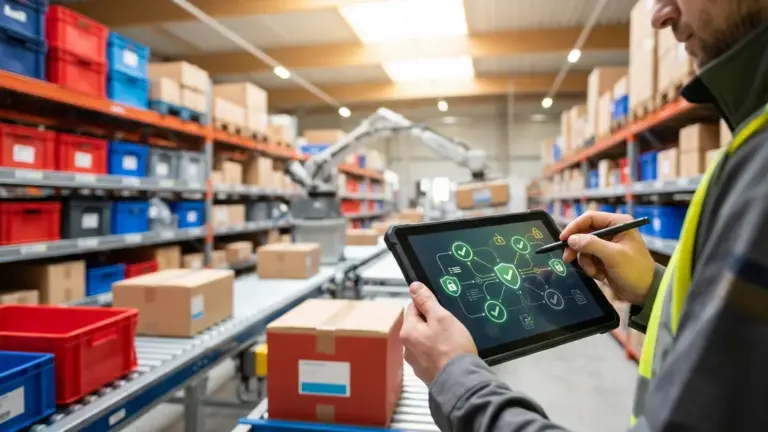 Agenten, Sicherheit, Governance – Techniker prüft Agenten-Netzwerk auf Tablet in automatisierter Produktionshalle als Symbol für Agenten-Sicherheit