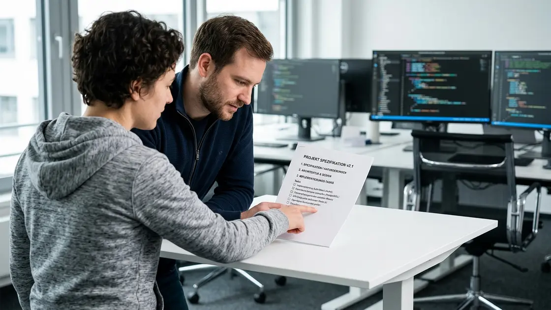 Entwickler prüfen OpenSpec Proposal im KI-Entwicklung Coding-Workflow