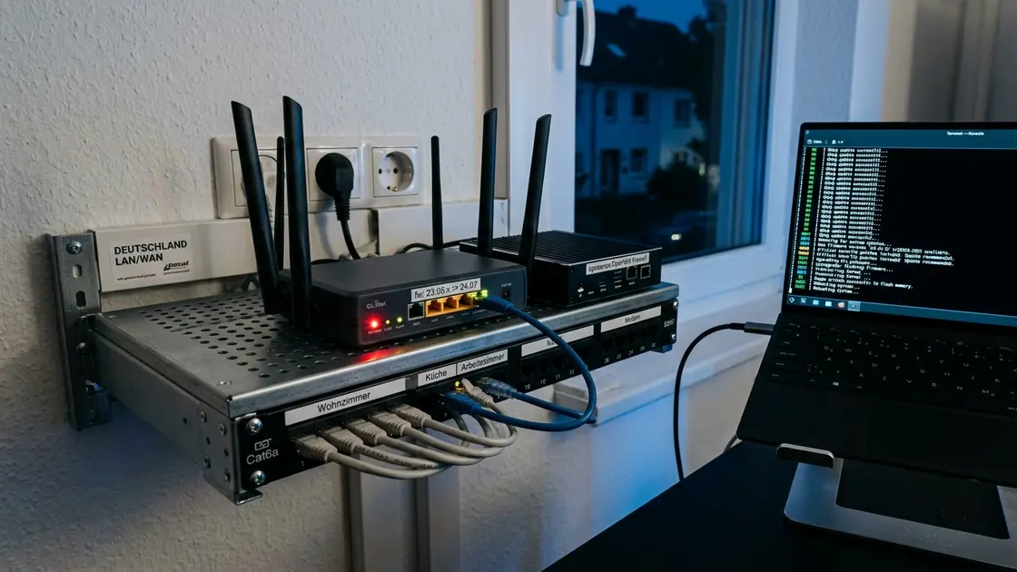 OpenWrt, Router-Linux, Netzwerksicherheit – Router mit freier Firmware im Homelab-Setup als Symbol fuer OpenWrt Router-Linux Netzwerksicherheit