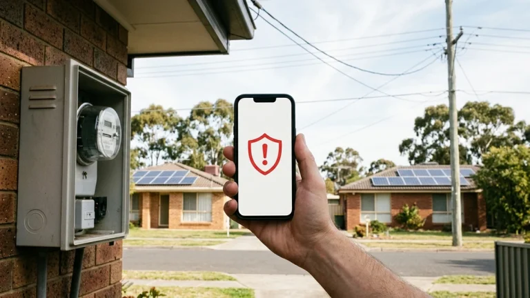Origin Energy Datenabfluss: Stromzähler und Sicherheitswarnung in australischem Wohngebiet