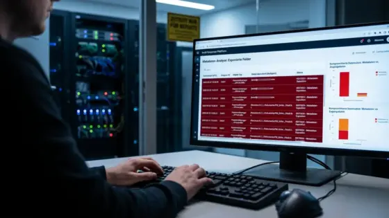 Passwort-Manager, Datenleck, Metadaten-Sicherheit – Sicherheitsanalyst prüft Dashboard nach Passwort-Manager-Datenleck mit sichtbaren Metadaten-Feldern