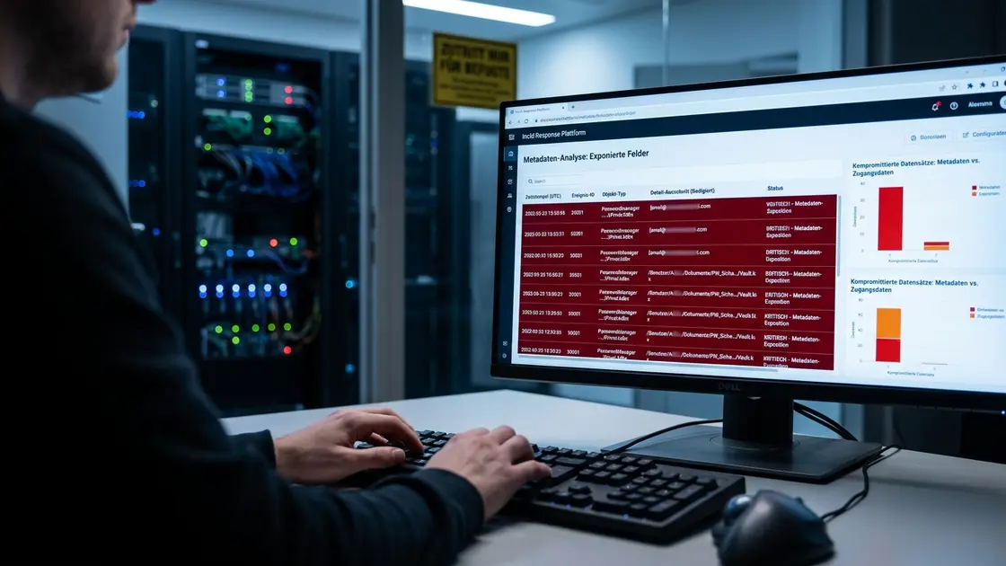 Passwort-Manager, Datenleck, Metadaten-Sicherheit – Sicherheitsanalyst prüft Dashboard nach Passwort-Manager-Datenleck mit sichtbaren Metadaten-Feldern