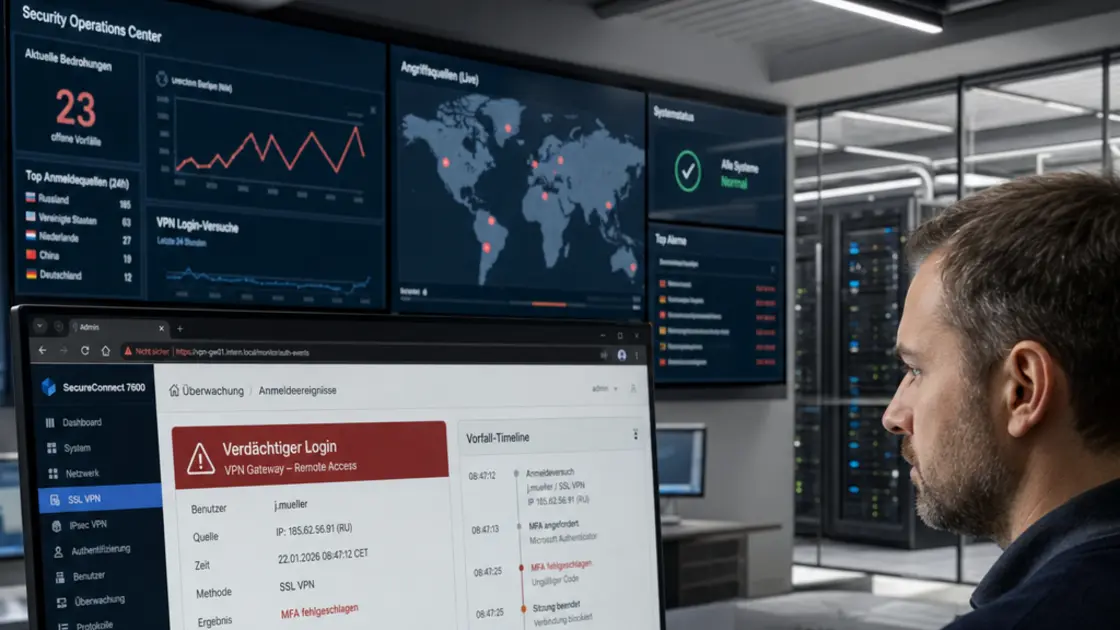 Sicherheitswarnung zu kritischer VPN-Schwachstelle auf einem Bildschirm im Büro