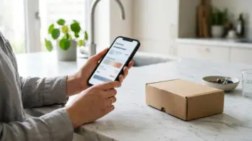 PayPal Ratenzahlung bei Amazon: Smartphone-Checkout mit Paket auf Küchentheke