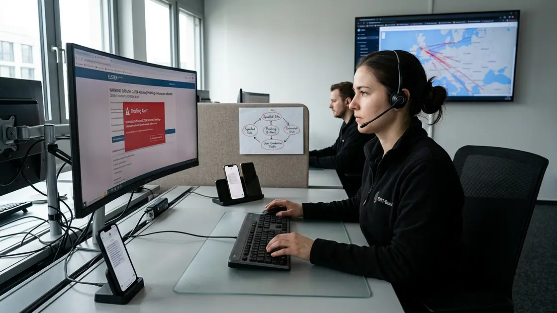 Phishing, Steuerportale, Behördenwarnung – Bildschirm zeigt gefälschte Steuerportal-Seite neben echtem Portal zur Verdeutlichung der Phishing-Kampagne