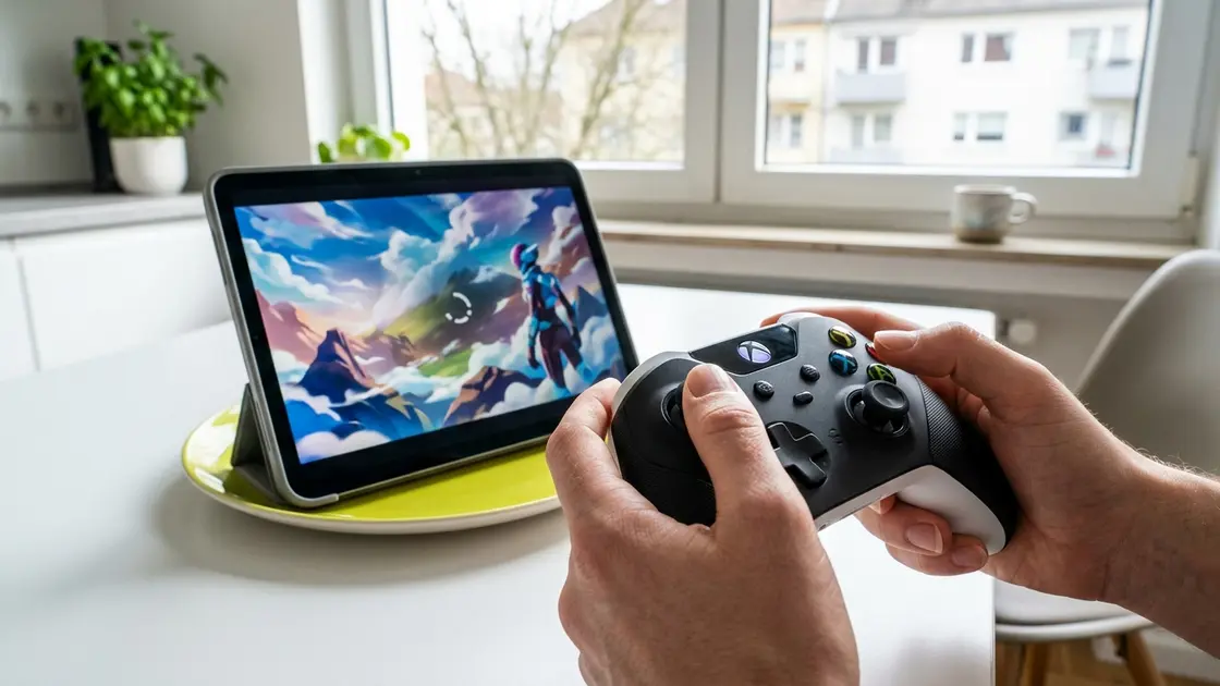 Hände halten Controller neben Tablet mit Cloud-Gaming-Stream