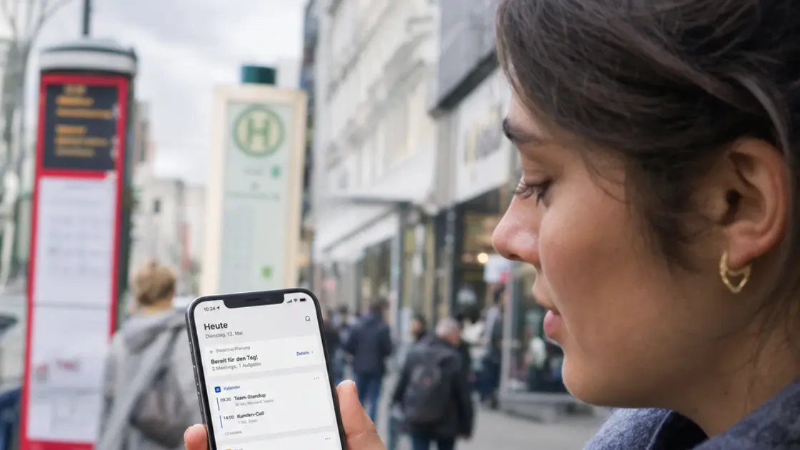 Poppy-App, KI-Organizer, Produktivitäts-KI – Person nutzt die Poppy-App als KI-Organizer auf dem Smartphone unterwegs