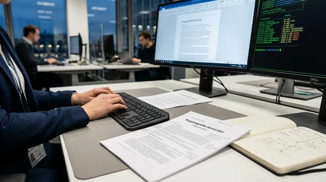Compliance-Mitarbeiterin prüft Kryptografie-Inventar für Post-Quantum-Migration im FinTech